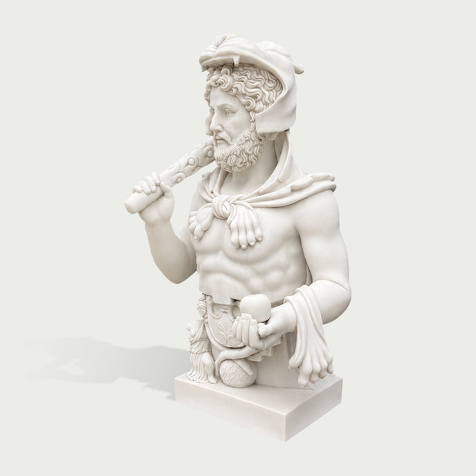 Side view of white marble Roman soldier bust sculpture featuring detailed helmet, muscular figure, and ancient warrior style