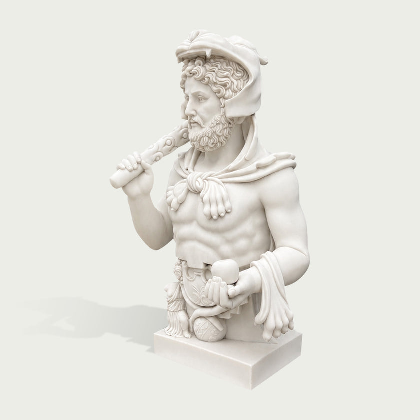 Side view of white marble Roman soldier bust sculpture featuring detailed helmet, muscular figure, and ancient warrior style