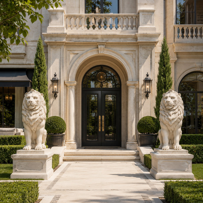 Pair of white marble lion guardian statues displayed at a luxury home entrance with elegant architectural landscaping