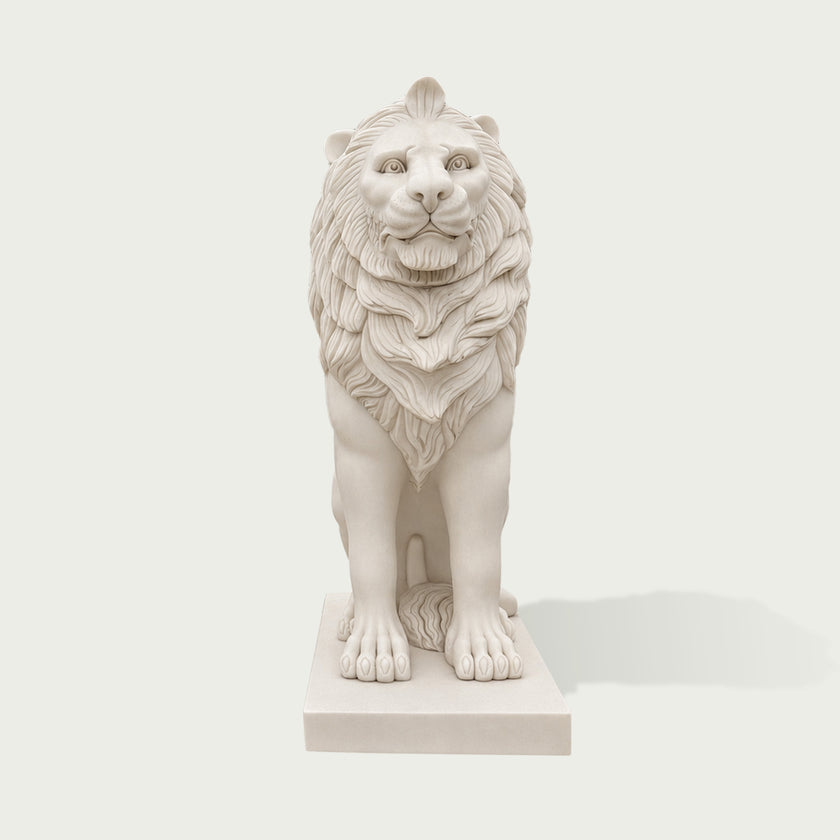Front view of white marble lion sculpture featuring intricate mane texture and timeless classical stone artwork design