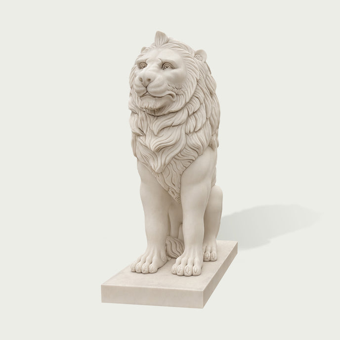 Carved white marble lion statue with realistic mane details and strong posture for outdoor garden and estate decor