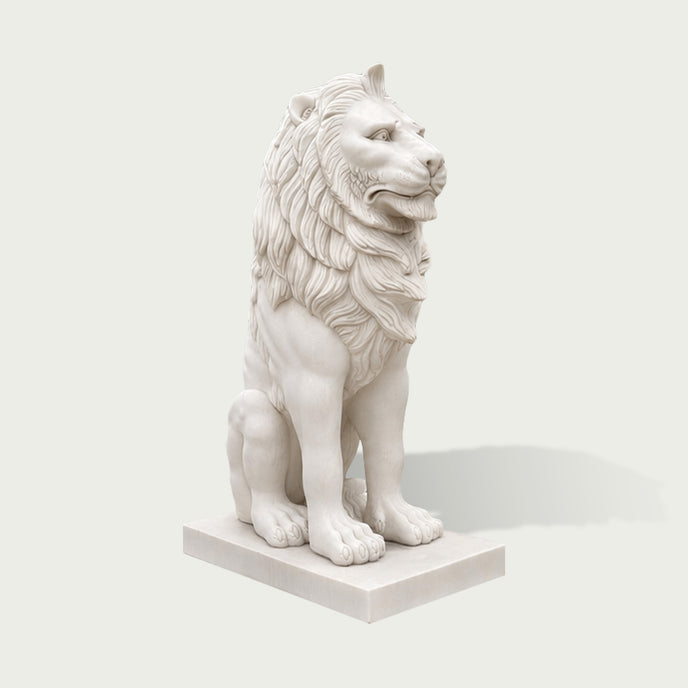 White marble lion sculpture statue with detailed mane carving and classic design for luxury garden entrance decoration