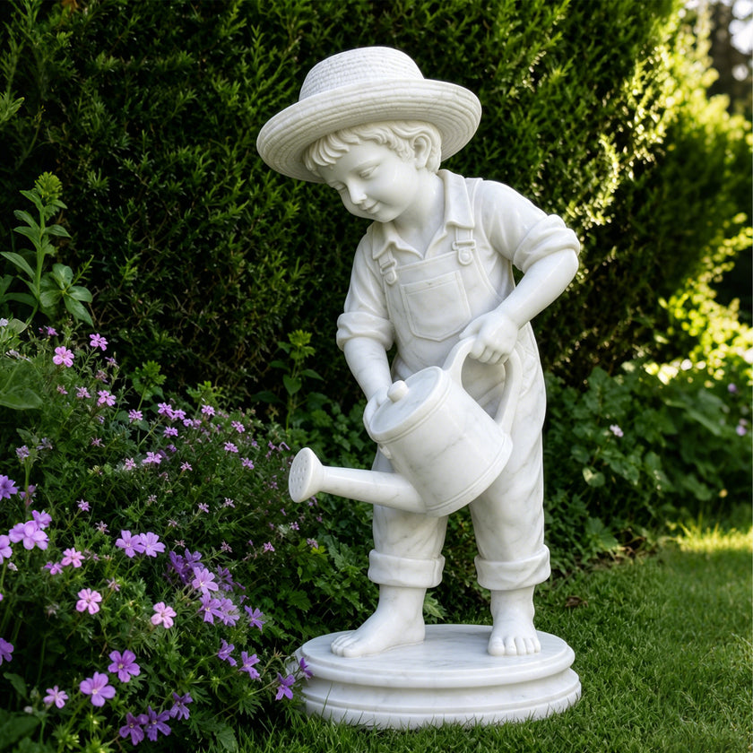 White marble gardener boy statue with watering can displayed among flowers and greenery, elegant outdoor garden sculpture.