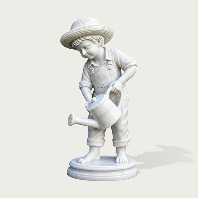 White marble boy statue holding a watering can, handcrafted garden sculpture with detailed carving and classic outdoor decor style.