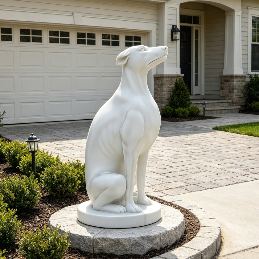 White marble greyhound garden statue displayed outdoors, adding timeless elegance to a modern landscape and home entrance.