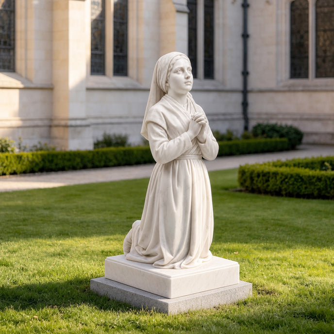 White marble praying girl statue displayed in a garden setting, featuring elegant carved details, flowing robes, and peaceful devotional design.