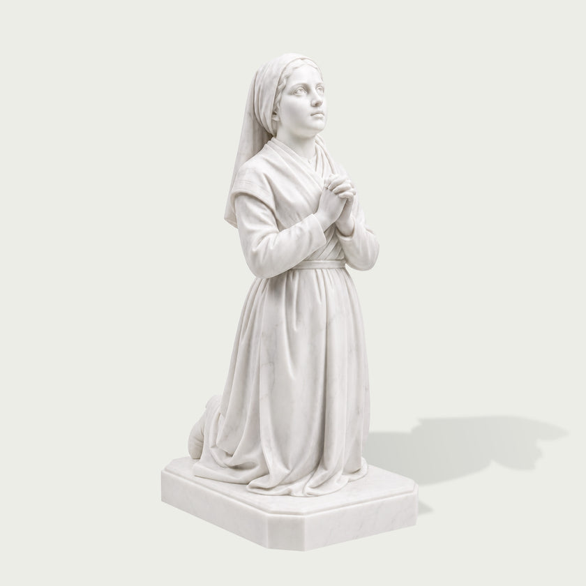 White marble praying woman sculpture with detailed facial features, folded hands, and smooth carved robes on a classic pedestal base.