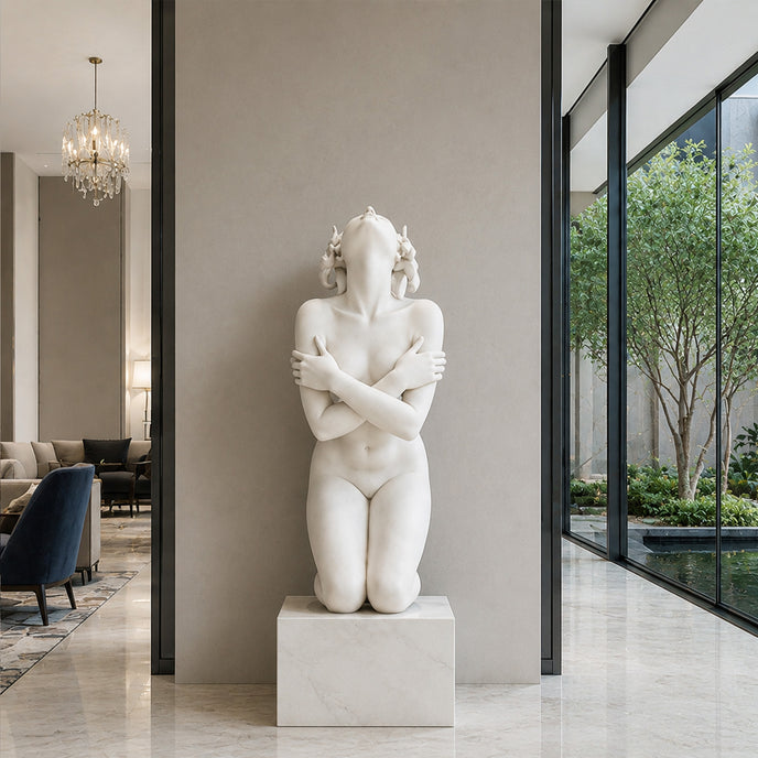 White marble kneeling woman sculpture with elegant classical form and artistic details for luxury interior decoration