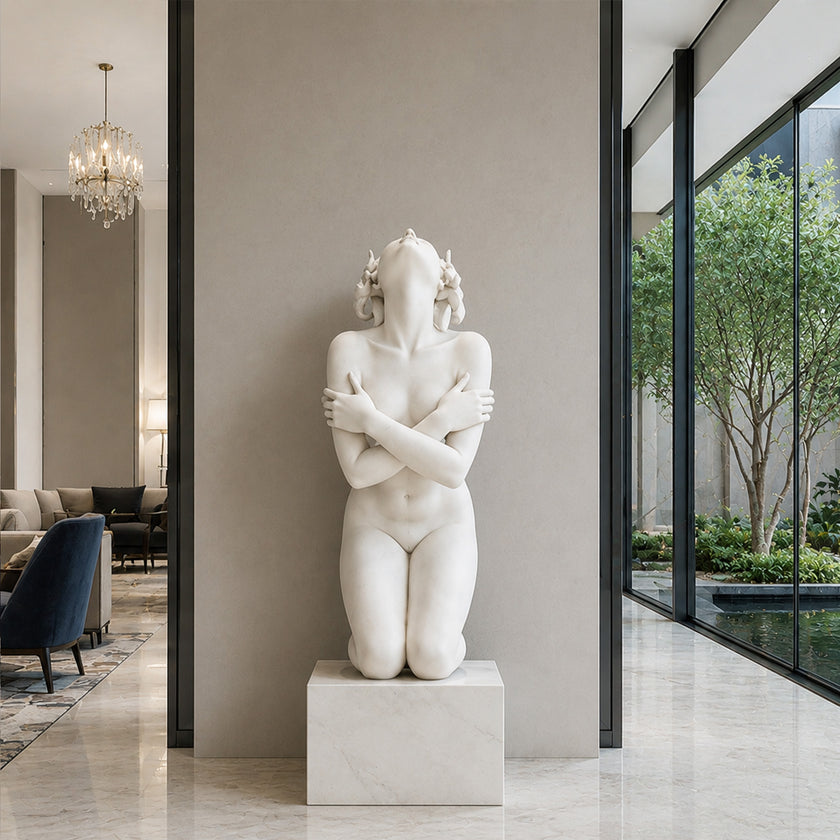 White marble kneeling woman sculpture with elegant classical form and artistic details for luxury interior decoration