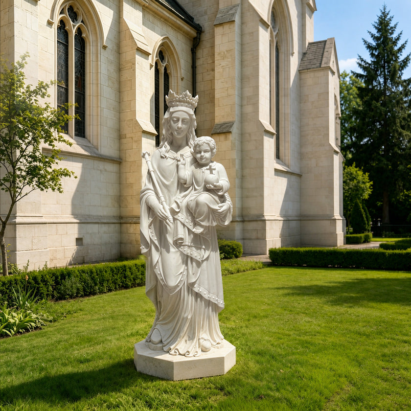 White marble Virgin Mary and Child Jesus statue displayed outdoors near a church, featuring elegant carved details, traditional Catholic artwork, and garden setting