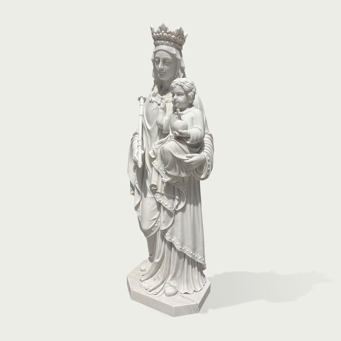 Classical white marble Madonna and Child statue with intricate robe folds, crowned Virgin Mary figure, and refined religious sculpture craftsmanship