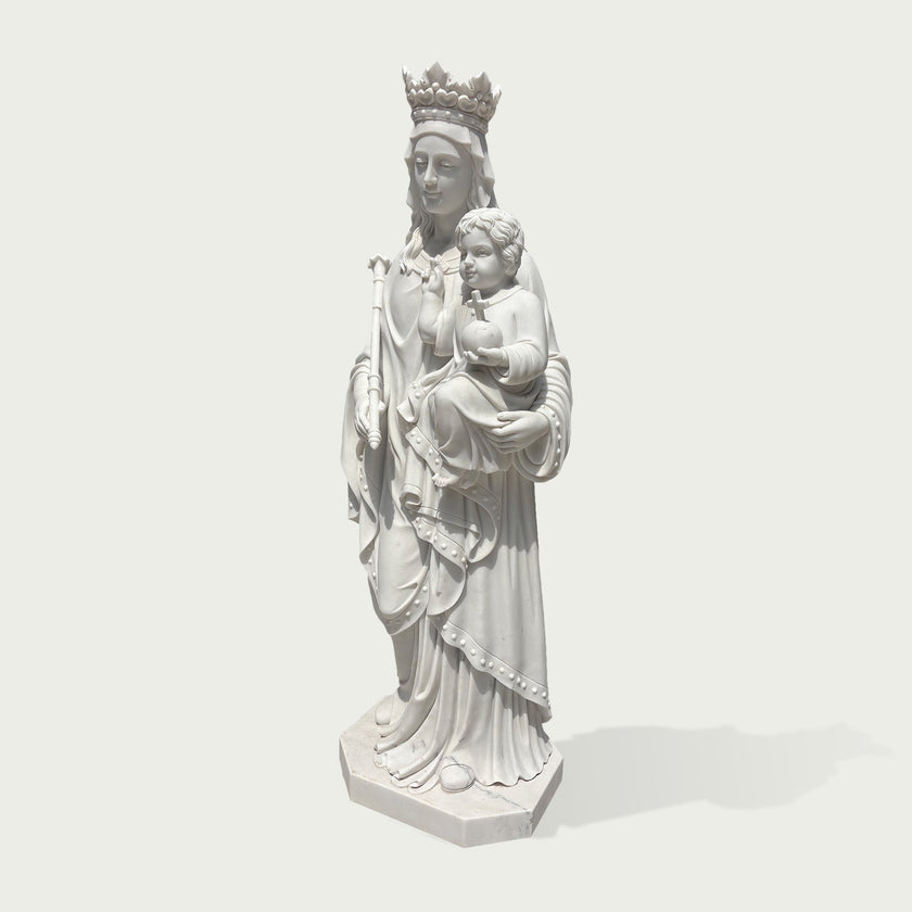 Classical white marble Madonna and Child statue with intricate robe folds, crowned Virgin Mary figure, and refined religious sculpture craftsmanship