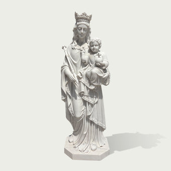 White marble Virgin Mary and Child Jesus statue with crown, detailed robes, religious symbolism, and classical craftsmanship for church or sacred garden decoration