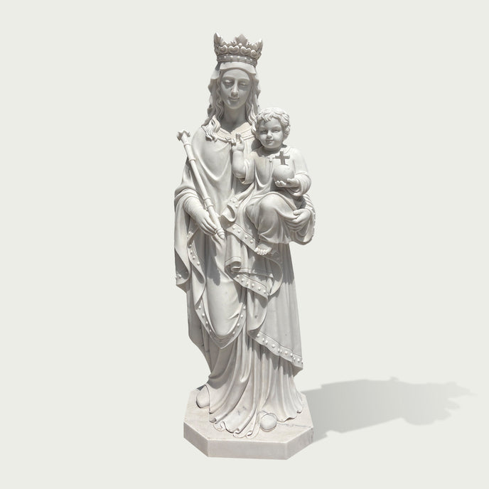 White marble Virgin Mary and Child Jesus statue with crown, detailed robes, religious symbolism, and classical craftsmanship for church or sacred garden decoration