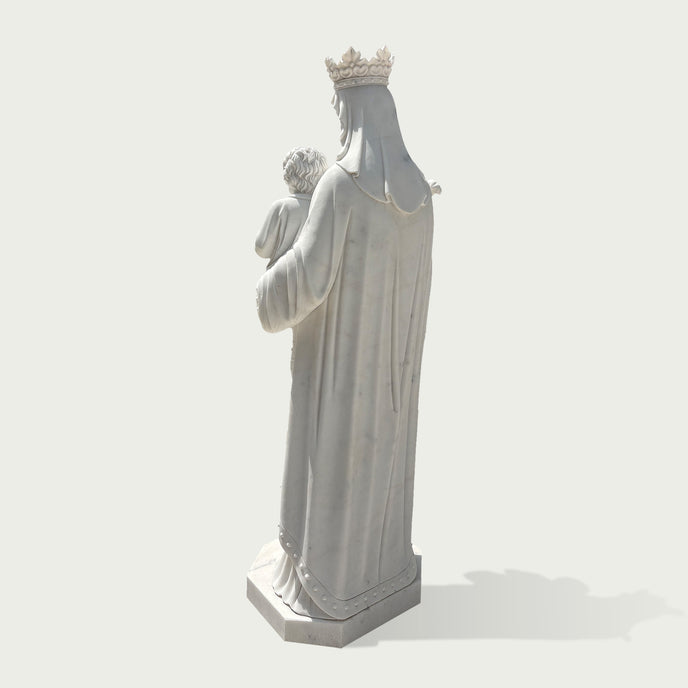Back view of white marble Virgin Mary holding Child Jesus sculpture, showing detailed flowing robes, crown design, and handcrafted religious statue details