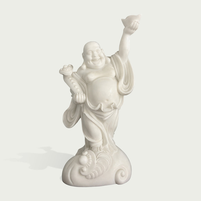 White marble Laughing Buddha prosperity statue with smiling face, lifted hand gesture, traditional details and elegant craftsmanship for home or temple decor