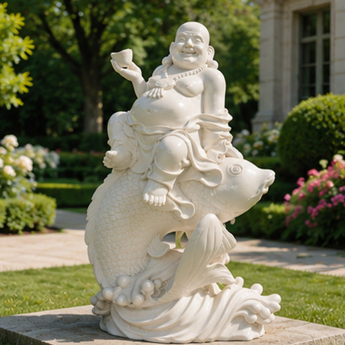 White marble smiling Buddha statue riding a fish with flowing water wave details, carved stone garden sculpture symbolizing prosperity, fortune, and good luck.