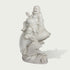 Three-quarter view of a white marble Buddha riding a fish statue, showing intricate carving, joyful expression, and traditional symbolism of wealth and prosperity.
