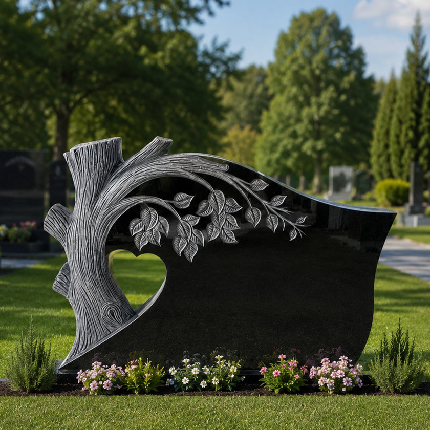 Elegant black marble Tree of Life memorial sculpture with heart-shaped cutout, silver leaf carvings, polished stone surface, and outdoor cemetery garden display.