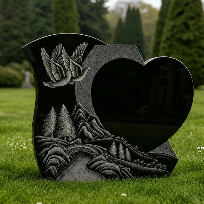 Black granite heart-shaped memorial sculpture with engraved flying doves, mountain landscape, trees, and bridge details, creating a peaceful cemetery tribute monument.