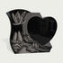 Polished black granite heart memorial marker featuring carved white doves, forest scenery, mountains, and river landscape design for a meaningful grave monument.