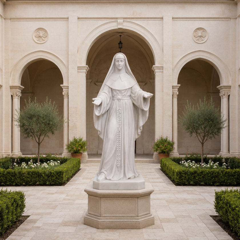 White marble religious woman statue displayed in a church courtyard, featuring flowing robes, open hands, detailed carving, and a peaceful sacred architectural setting.
