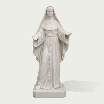 White marble robed woman sculpture with rosary beads, elegant flowing garment, calm expression, and handcrafted details for a religious or memorial setting.