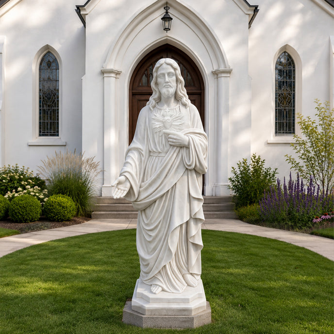 White marble Jesus Sacred Heart statue with open welcoming arms, long robe and religious details displayed in a church garden setting.