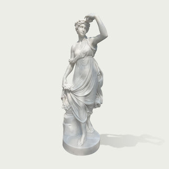 Elegant white marble goddess statue featuring classical Greek style, graceful pose, flowing robes, and detailed craftsmanship, perfect for luxury gardens, villas, and interiors.