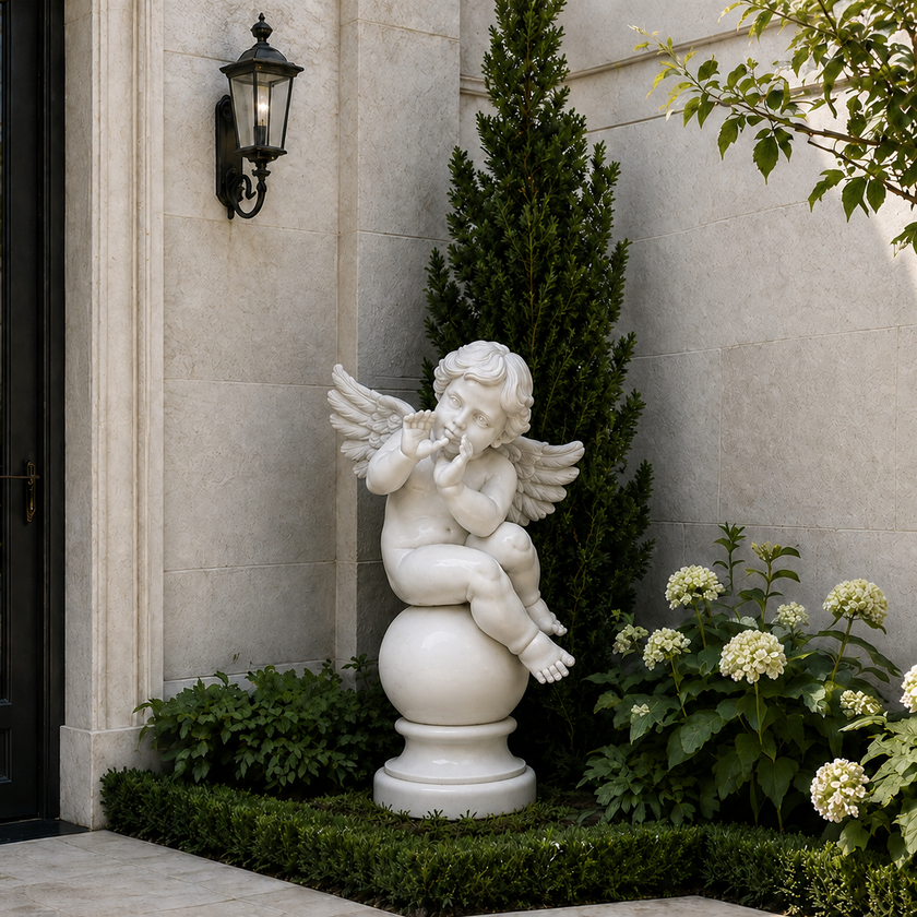 A white marble-style cherub garden statue seated on a round pedestal, placed in a landscaped garden corner with green shrubs, white flowers, a tall evergreen tree, and a beige stone wall with a black wall sconce.