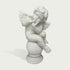 A white marble cherub figurine sitting on a round pedestal, with small wings and a thoughtful expression, photographed against a light gray background.