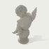 A white marble-style cherub statue shown from the back, seated on a round pedestal against a light gray background.