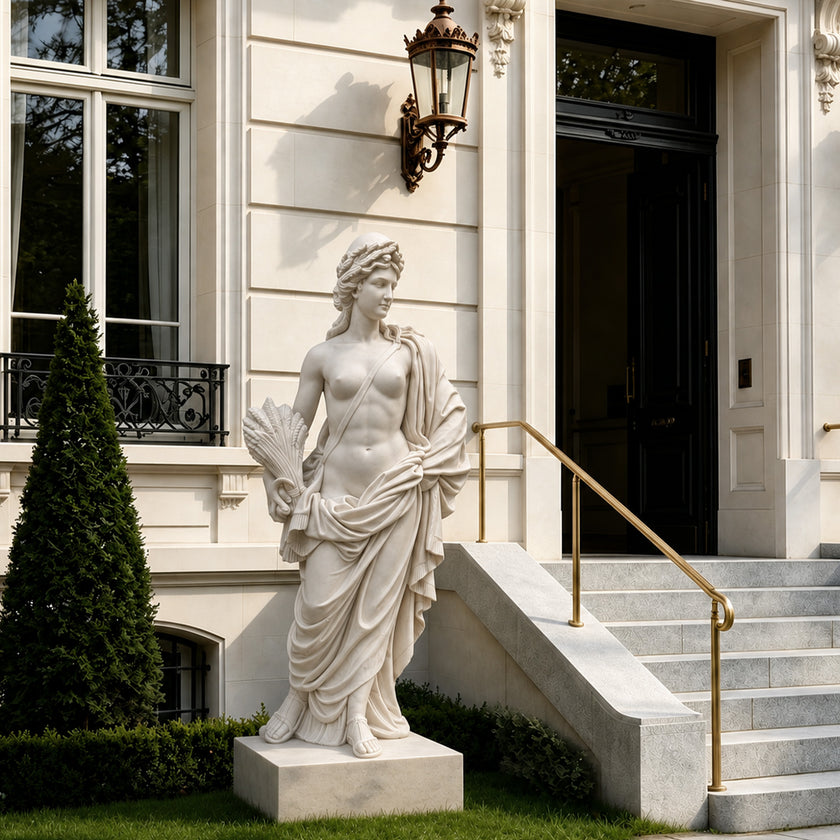 Classical white marble female statue with draped robes and harvest-inspired details displayed outdoors near an elegant architectural courtyard.