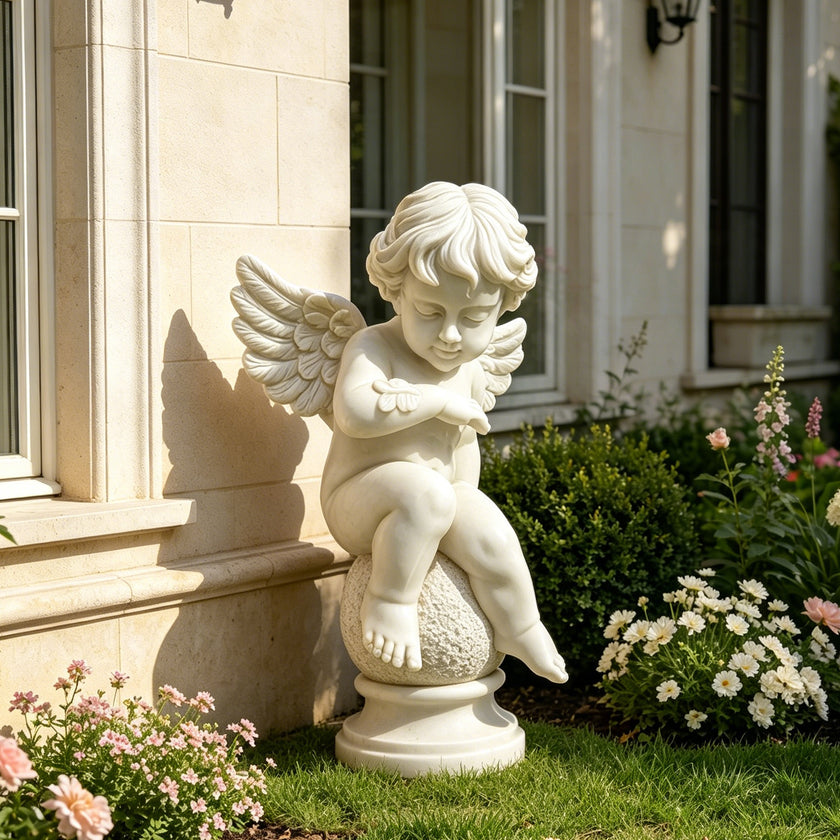 INFINITY Serene Marble Cherub Statue With Butterfly On Raised Arm Peaceful Garden Sculpture For Outdoor Spaces IM-104
