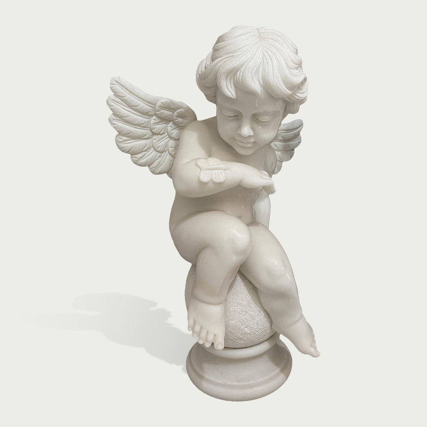 INFINITY Serene Marble Cherub Statue With Butterfly On Raised Arm Peaceful Garden Sculpture For Outdoor Spaces IM-104