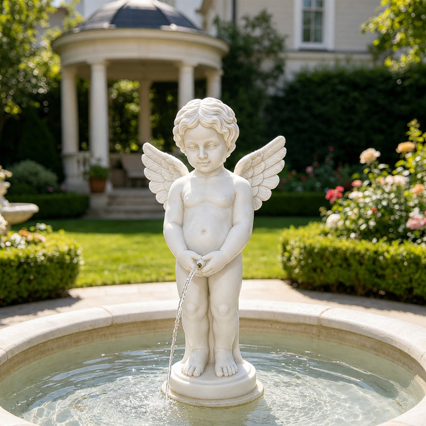 White marble cherub angel fountain statue displayed in a garden setting, with detailed wings, standing pose, and water feature design for outdoor decoration.