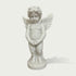 White marble winged cherub statue standing on a round base, featuring carved feather wings, curly hair, childlike figure, and classical angel sculpture details.