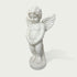 Front view of a white marble angel child sculpture with feathered wings, smooth carved details, rounded base, and peaceful classical decorative style.