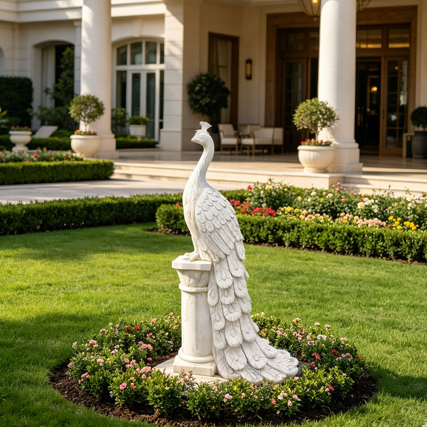White marble peacock garden statue displayed on a pedestal in a luxury landscape, with detailed feather carving and elegant outdoor architectural setting.