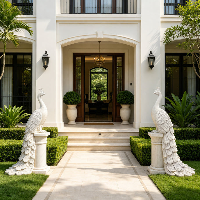 A symmetrical, luxurious white stucco house entrance with a stone pathway leading to double doors, flanked by manicured hedges, potted plants, and two large white peacock statues on pedestals.