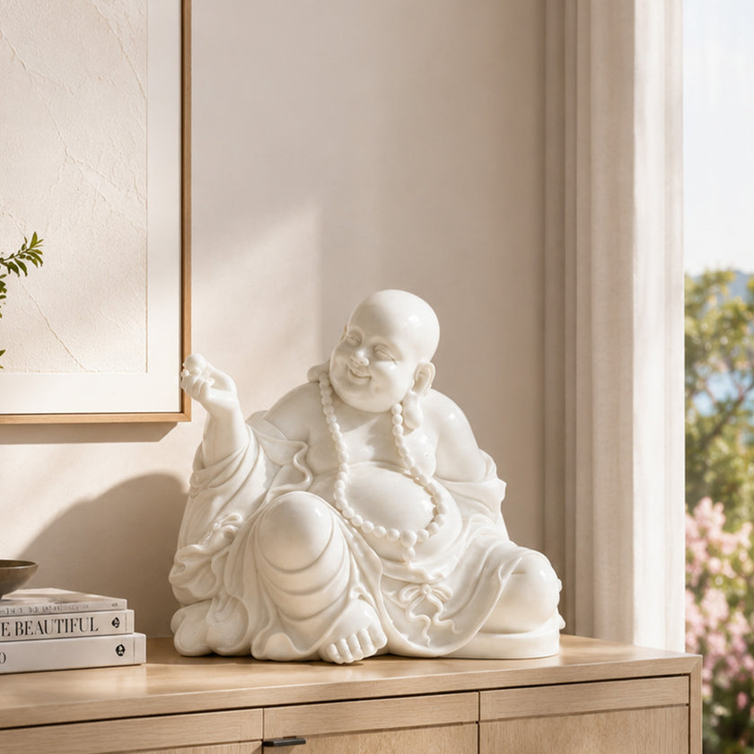 White marble Laughing Buddha statue placed on a modern cabinet, featuring peaceful expression, flowing robes, prayer beads, and spiritual home decor style.