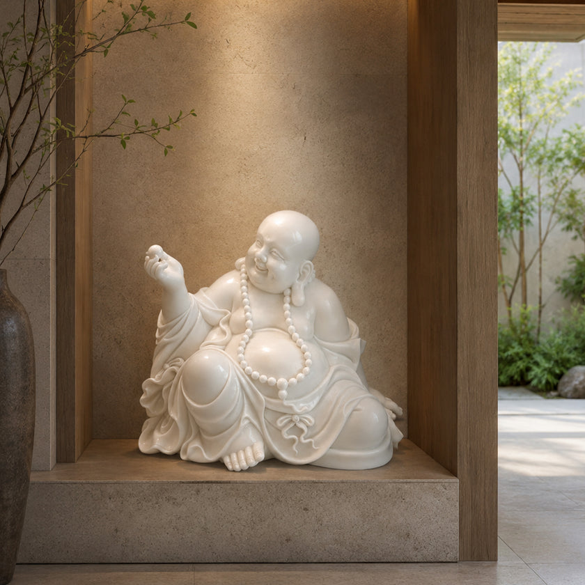 White marble Maitreya Buddha sculpture displayed in a luxury interior niche, showing a smiling Buddha figure with prayer beads and elegant handcrafted details.