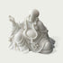 Close view of hand carved white marble Maitreya Buddha statue with detailed facial expression, beaded necklace, smooth stone texture, and traditional Buddhist artistry.