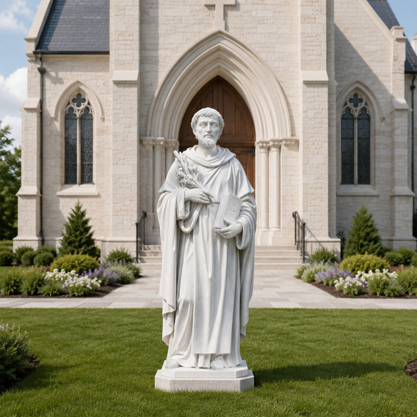 White marble saint statue wearing flowing robes, holding a book and lily flowers, displayed in front of a historic church entrance with classical architectural details.