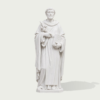 Classical white marble saint sculpture featuring a robed figure holding a book and floral symbol, finely carved with smooth stone texture and realistic details.