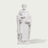 Classical white marble saint sculpture featuring a robed figure holding a book and floral symbol, finely carved with smooth stone texture and realistic details.