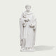Classical white marble saint sculpture featuring a robed figure holding a book and floral symbol, finely carved with smooth stone texture and realistic details.