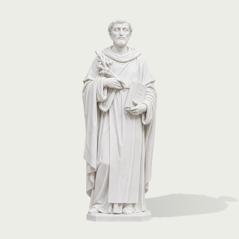 Classical white marble saint sculpture featuring a robed figure holding a book and floral symbol, finely carved with smooth stone texture and realistic details.