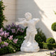 Side view of a white marble cherub statue showing intricate feathered wings, flowing fabric details, and handcrafted classical sculpture craftsmanship.