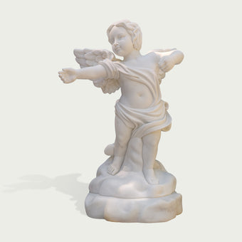 Rear view of a white marble winged angel sculpture highlighting detailed feather carving, flowing robe design, and elegant classical marble artistry.